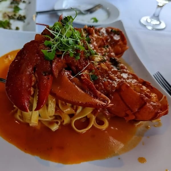 Lobster tail and claw served over tagliatelle pasta with red sauce and microgreens.